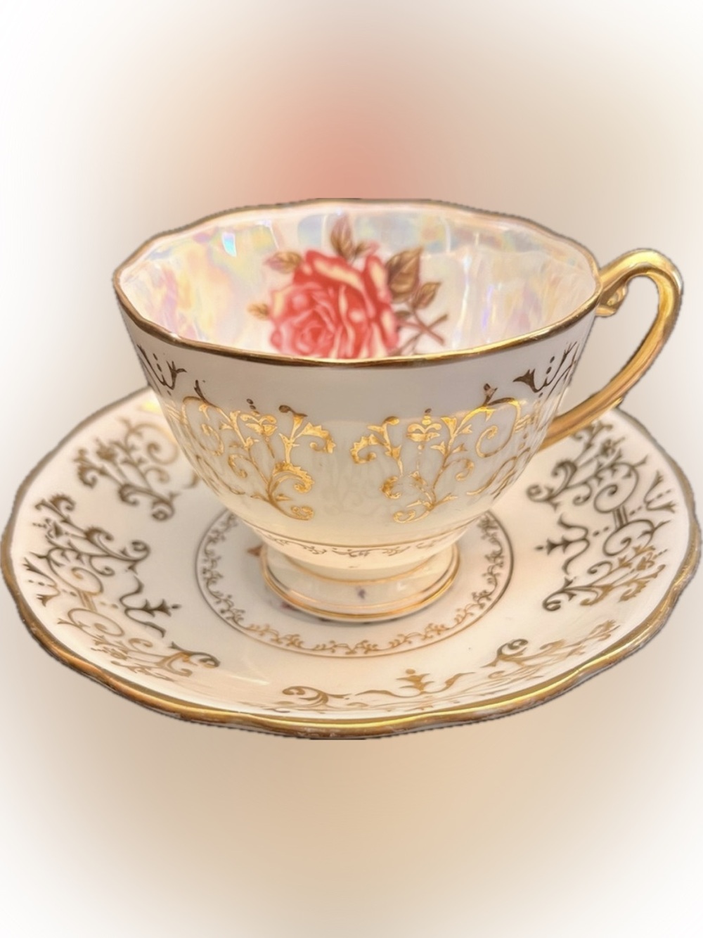 Chase Japan Vintage 1950s Iridescent Rose Gold Gilded Teacup & Saucer MCM Gift
